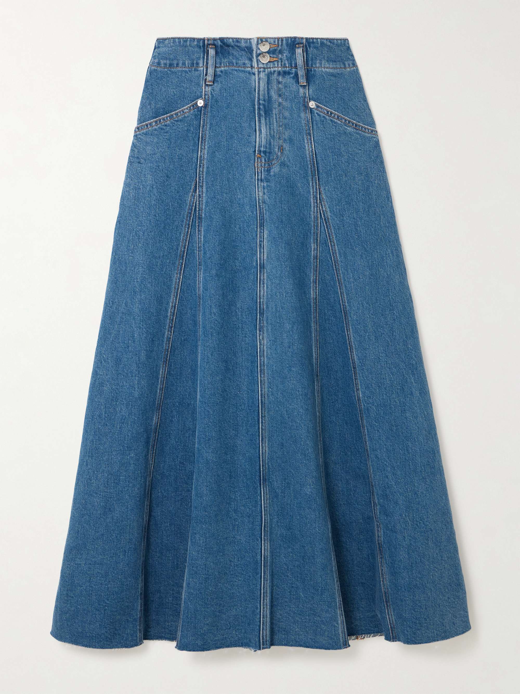 VERONICA BEARD Alix panelled frayed denim midi skirt | NET-A-PORTER