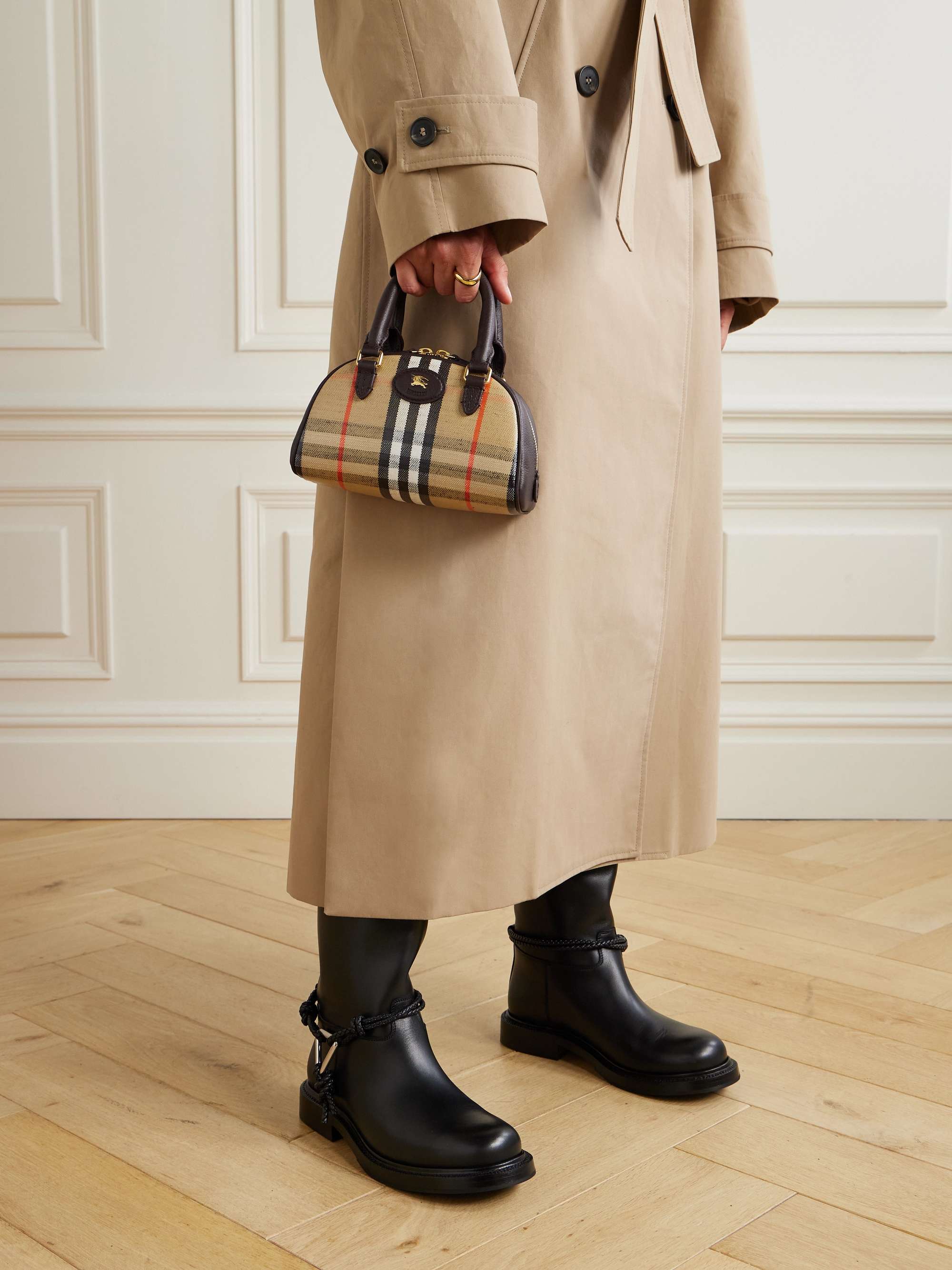 BURBERRY Mini leather-trimmed checked coated-canvas tote | NET-A
