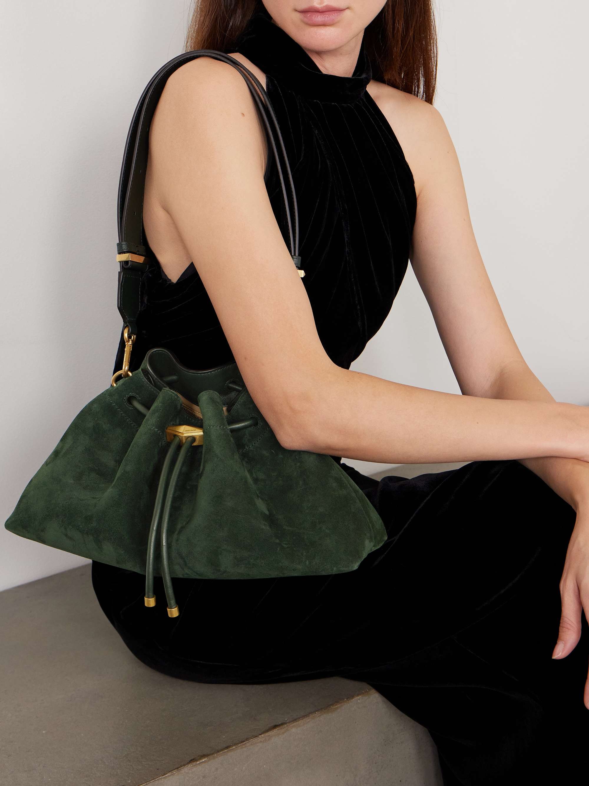 JIMMY CHOO Cinch medium leather-trimmed suede shoulder bag | NET-A