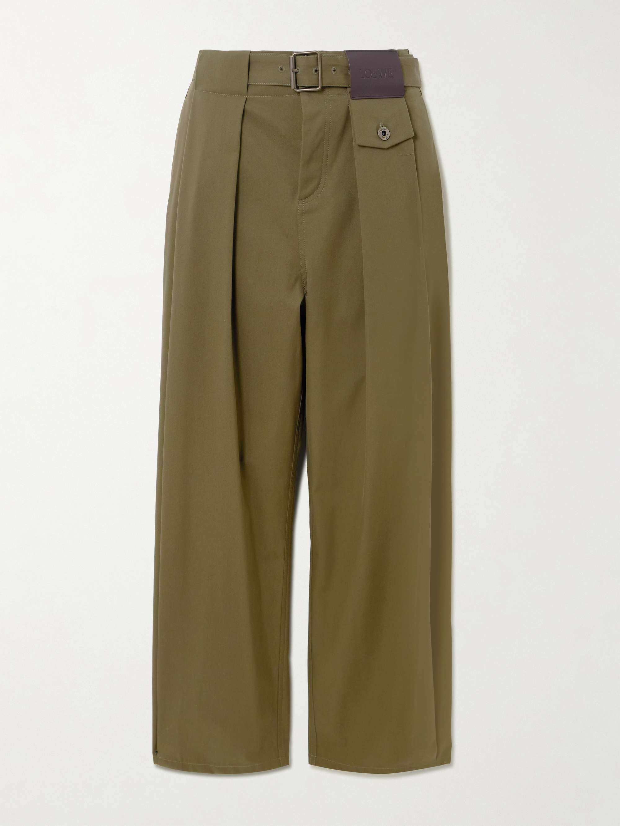 LOEWE Belted leather-trimmed pleated cotton and silk-blend pants