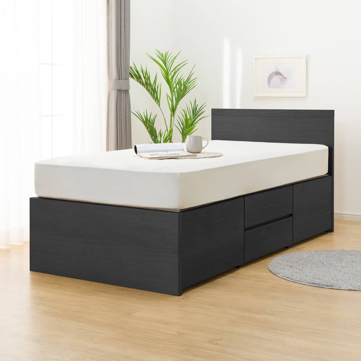 シングルフラットヘッドボードチェストベッドフレーム(N-ジオF BK 40M