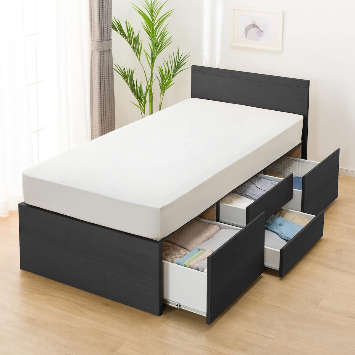 シングルフラットヘッドボードチェストベッドフレーム(N-ジオF BK 40M