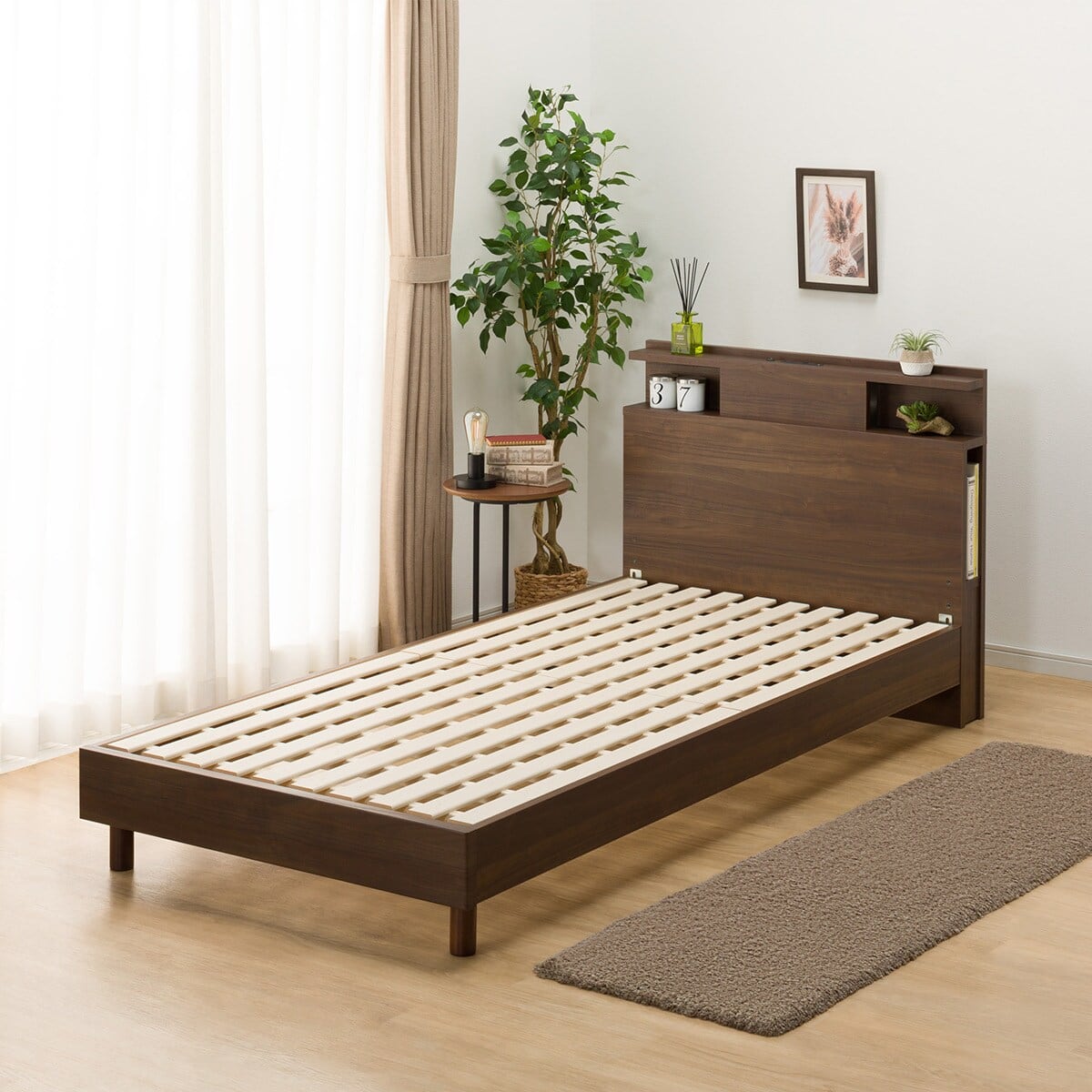 シングル 棚・照明・サイド収納付きベッドフレーム(NS-004 LEG/LOW