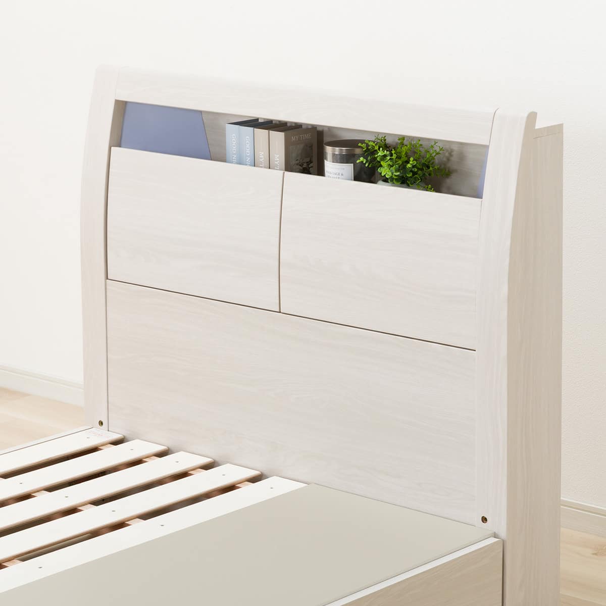 棚・コンセント・照明付きシングルベッドフレーム(KB WW 引出付き