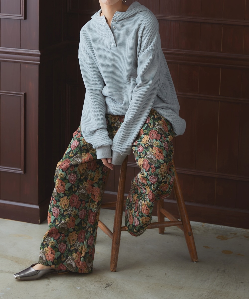 洗える】総柄ジャガードワイドパンツ［Soiunique］ ストレッチ 楽ちん