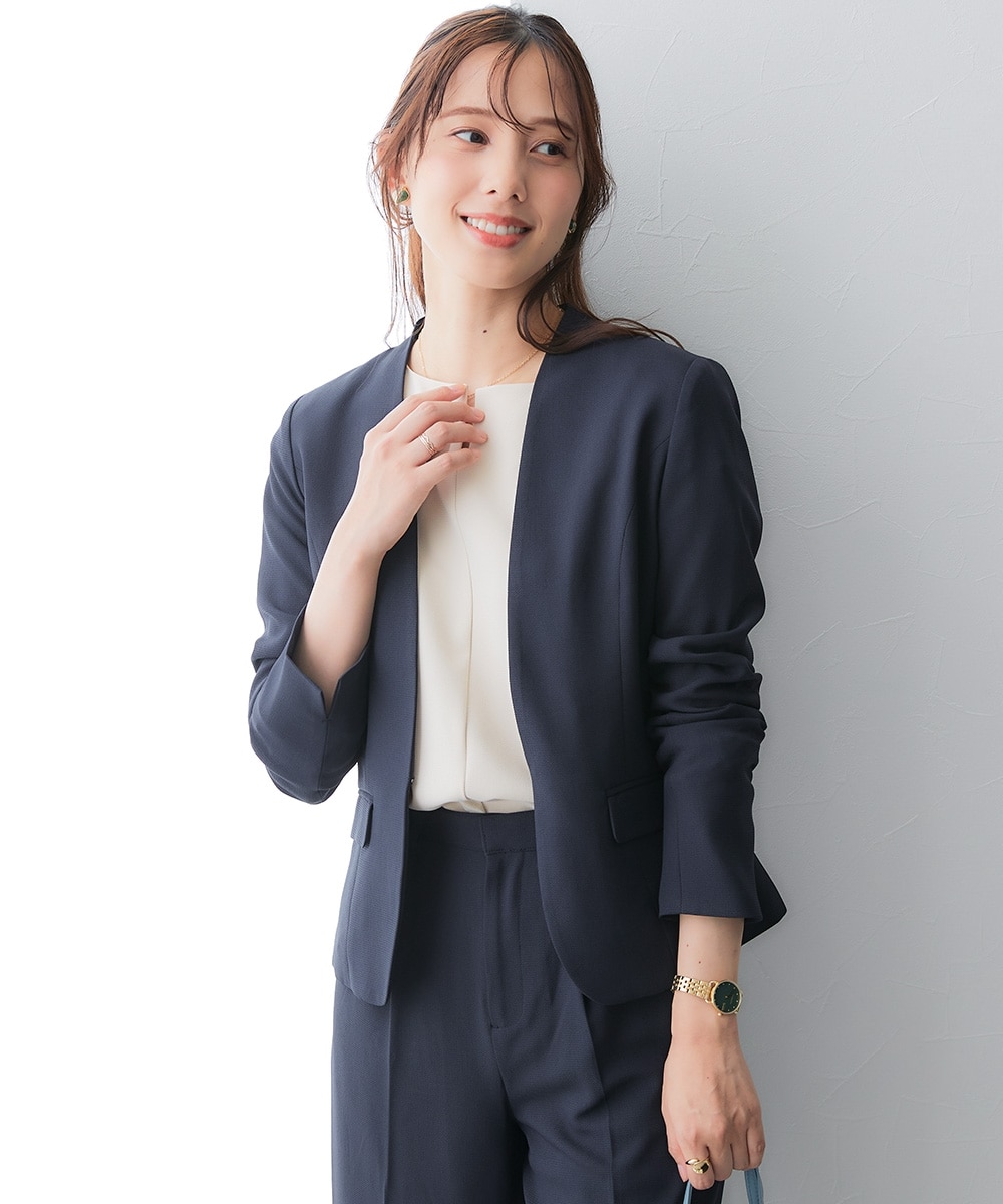 極美品プラステノーカラーパンツスーツネイビーXS