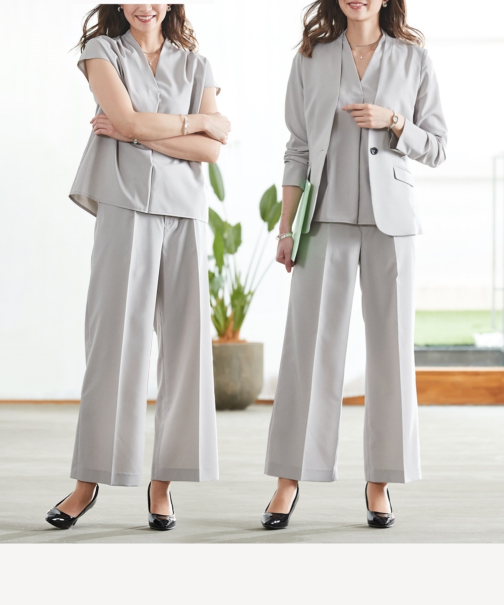 レディーススーツ】夏機能素材ノーカラージャケットセットアップワイド