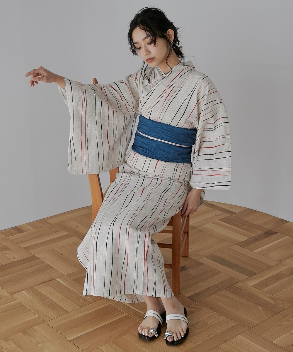 浴衣】古典柄綿麻ゆかた5点セット（ゆかた＋へこ帯＋下駄＋帯どめ＋