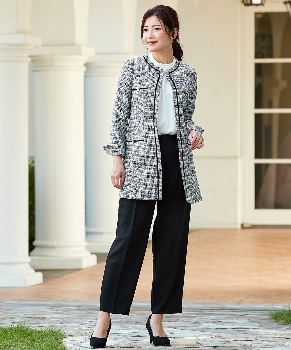 入学式・卒業式・フォーマル】ツイード調ロング丈ノーカラージャケット