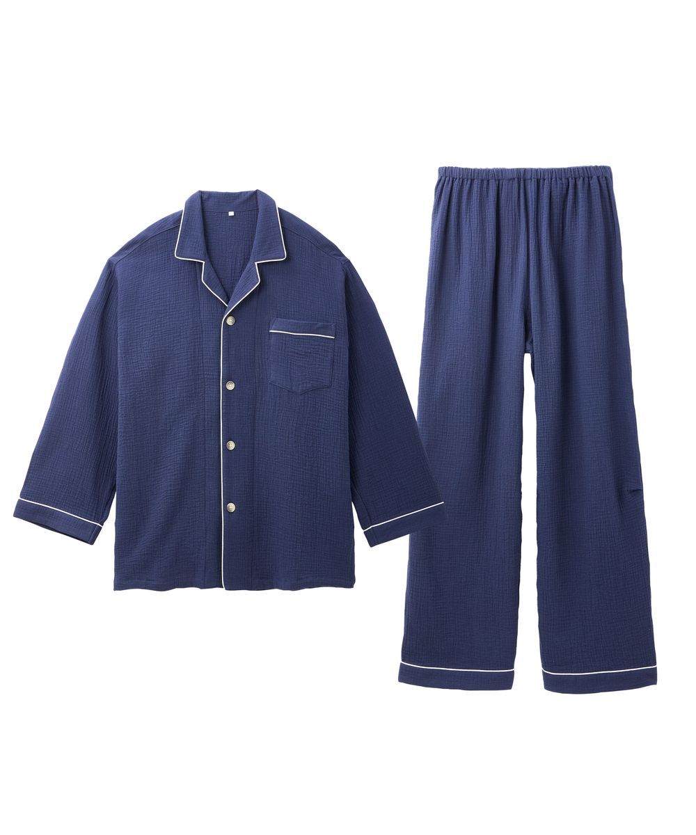 パジャマ】綿100%シワ加工ダブルガーゼ前開きパジャマ【大きいサイズ有