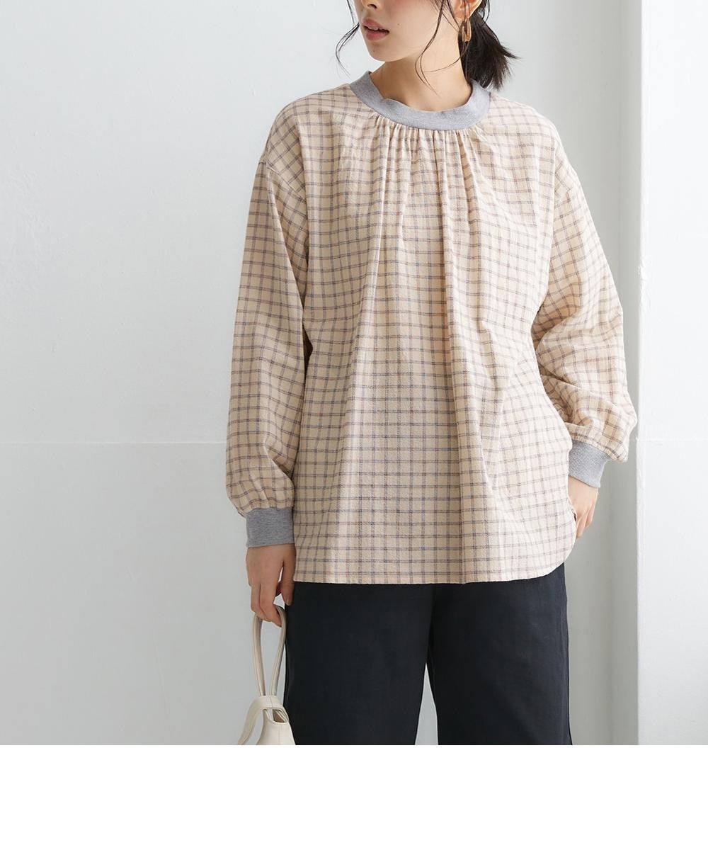 袖口リブ付先染めチェック柄チュニックブラウス（サイドポケット付