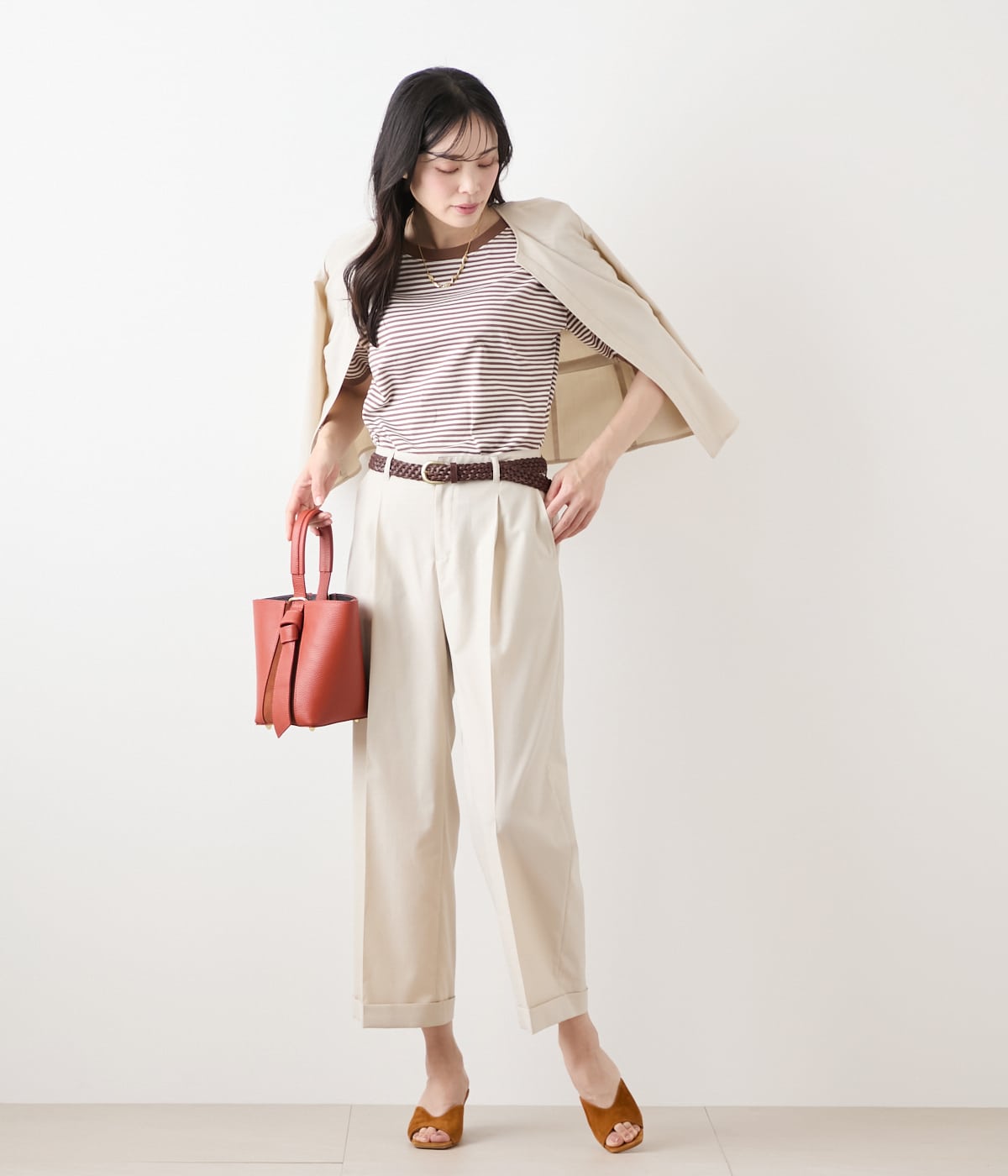 ウォッシャブル】リネンライクストレッチ ワンタックワイドパンツ