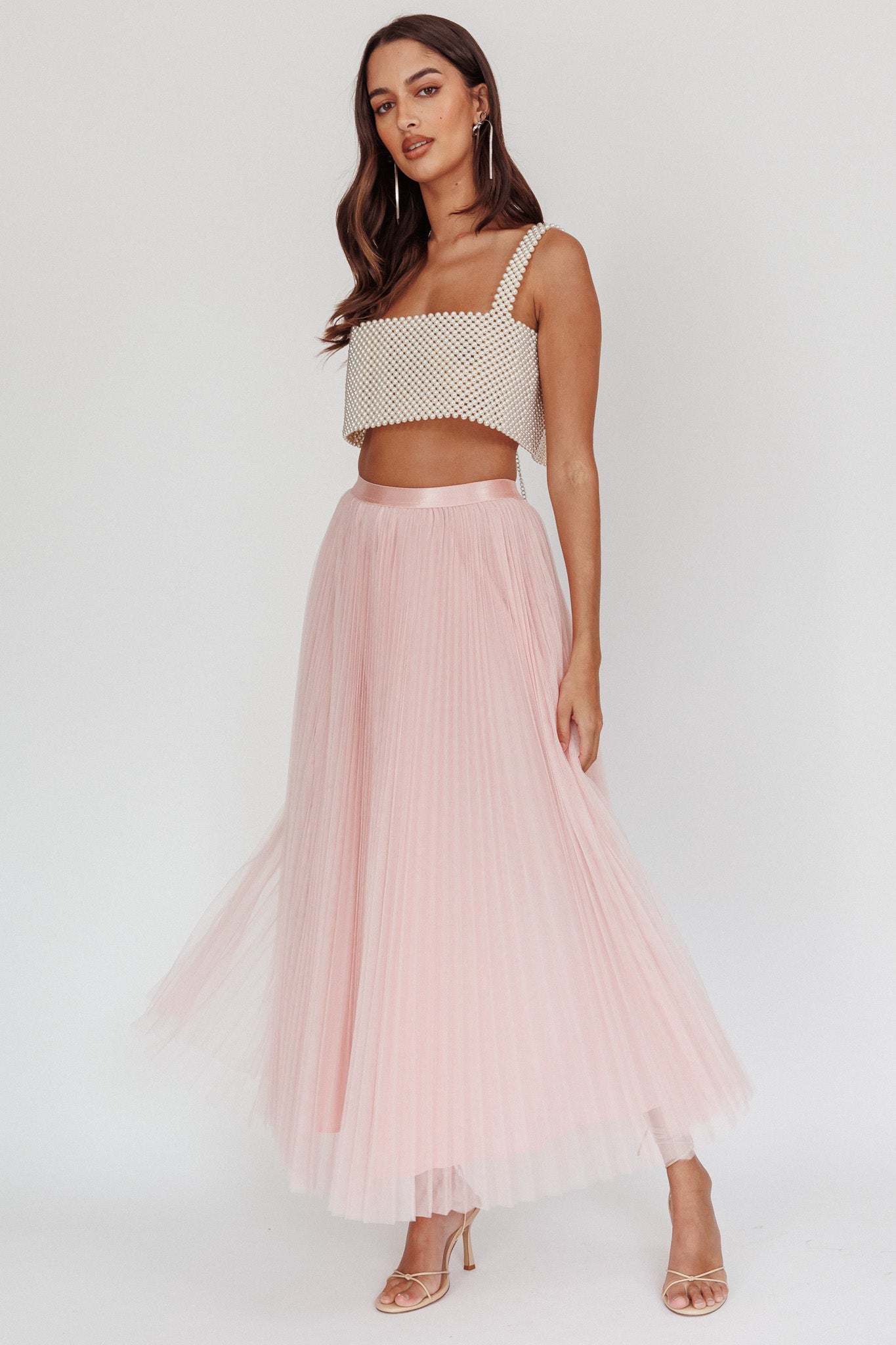 Shop the Kristine Accordion Pleat Tulle Maxi Skirt Dusty Pink