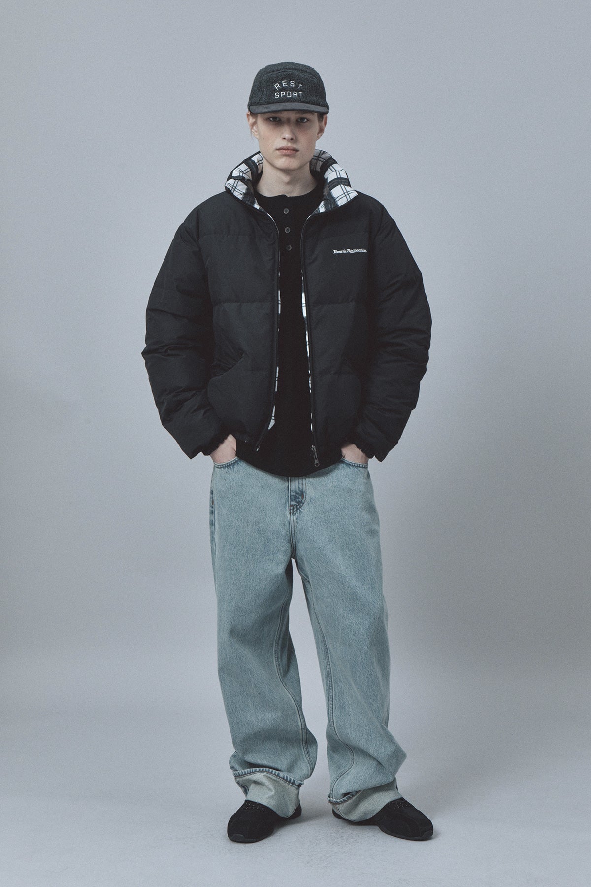 REVERSIBLE CHECK DOWN JACKET - BLACK – SeoulSeoul