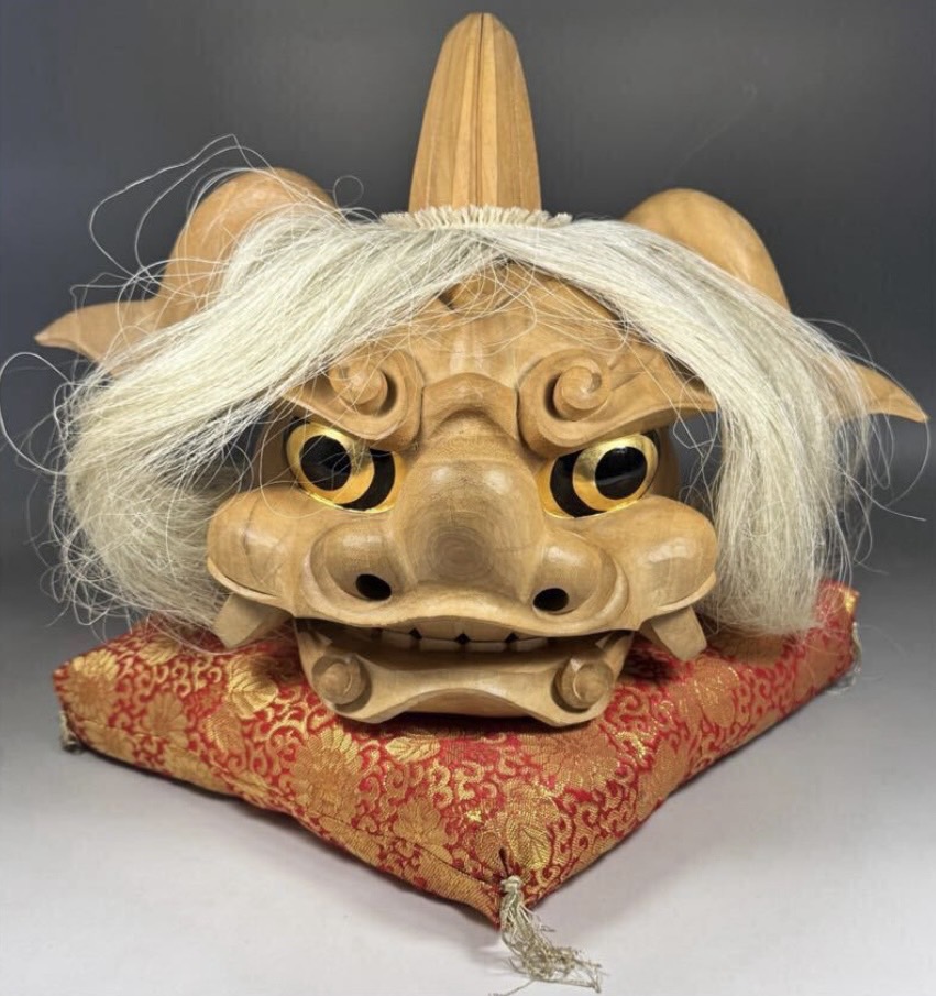 荒井寿斎 木彫 獅子頭 井波彫刻、十三絃 琴「子持ち綾杉彫り、玉縁包み