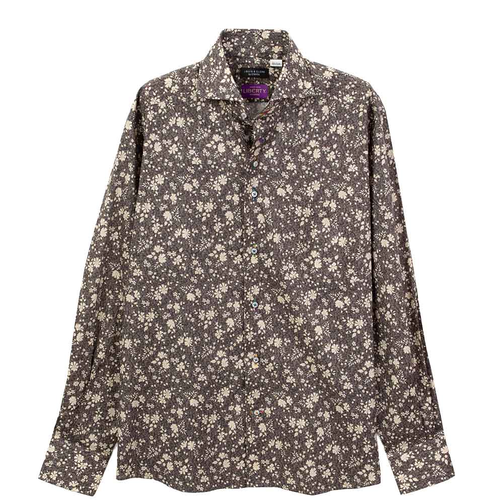 ワイシャツ 花柄 プリント 草木、ボタニカル グレー LOUIS & CLERK