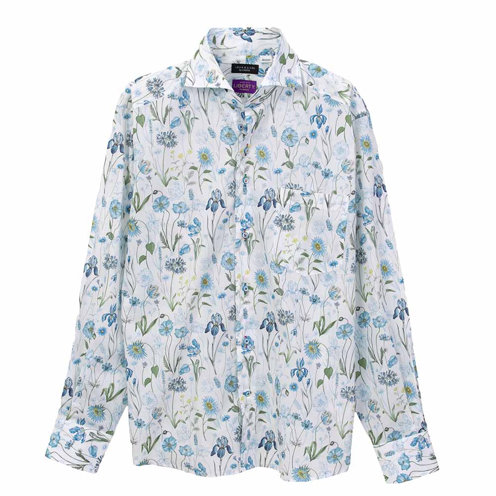 ワイシャツ プリント 花柄 草木、ボタニカル ブルー LOUIS & CLERK