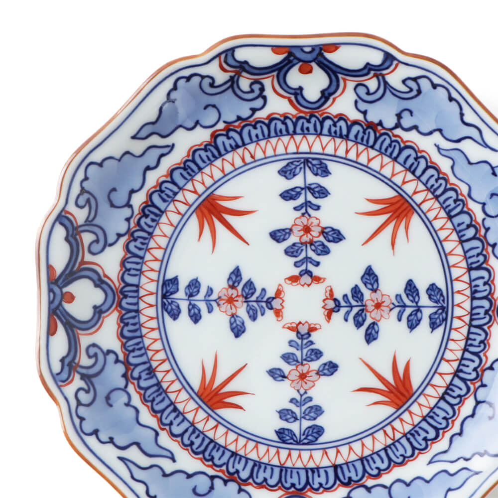 中皿 5枚 染付 山水文様 幾何学 草文様 花弁縁 銘 中