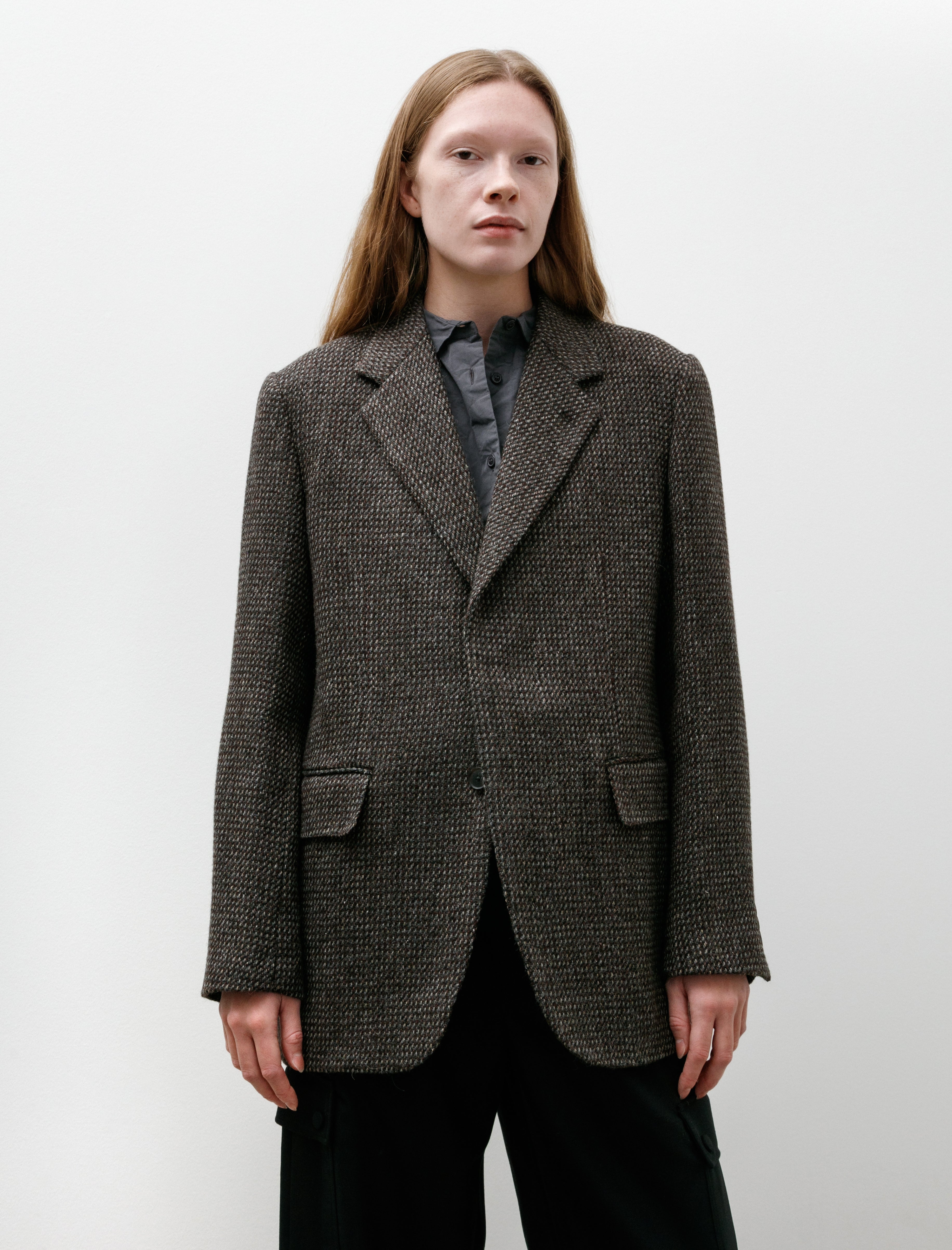 Auralee Alpaca Wool Silk Tweed Over Jacket Grey Brown Hairline