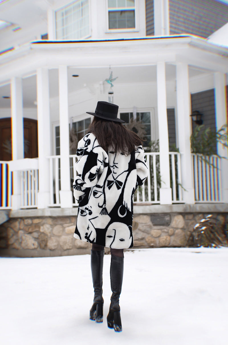 1980s Donnybrook Graphic Black & White Face Print Faux Fur Coat