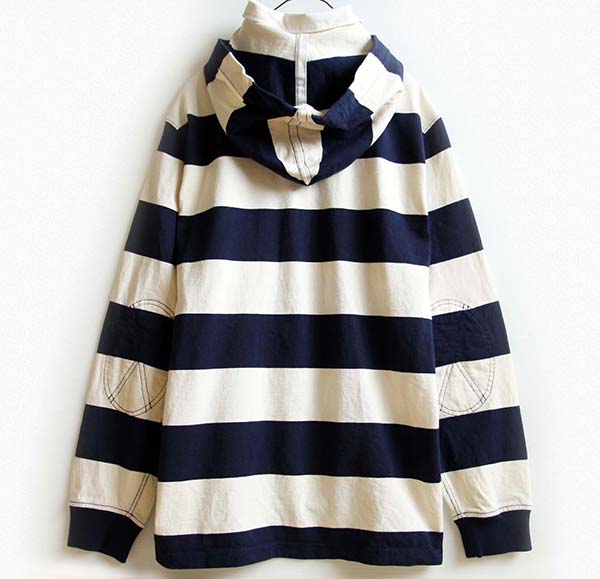 ポロ ラルフローレン 太ボーダー フード付き ラガーシャツ 紺×オフ