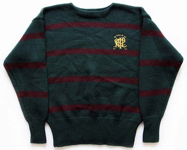 90s ポロ ラルフローレン ロゴ刺繍 ボーダー ボートネック ローゲージ