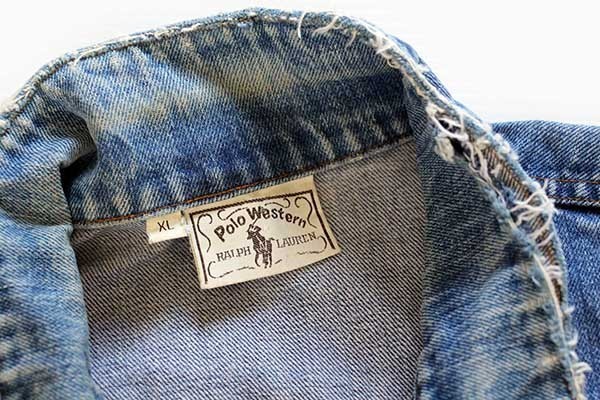 70s】ラルフローレンウエスタン デニムジャケット ロゴ革パッチ