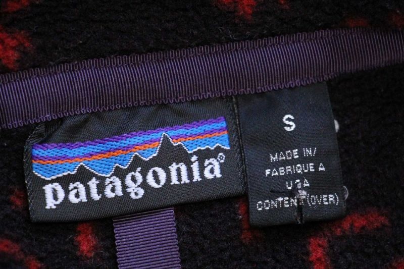 90s USA製 patagoniaパタゴニア スノー 総柄 フリース スナップT 黒×赤