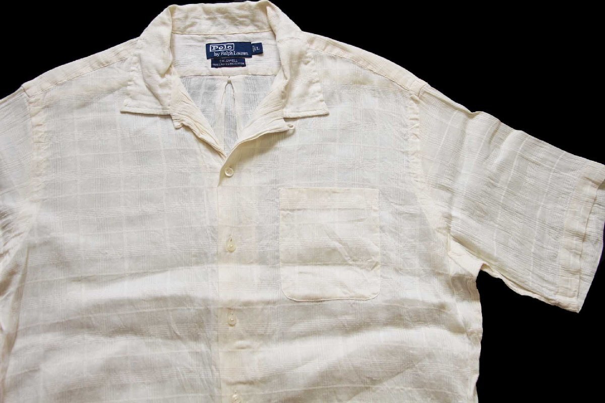 90s ポロ ラルフローレン CALDWELL 織り柄 チェック 半袖 リネン