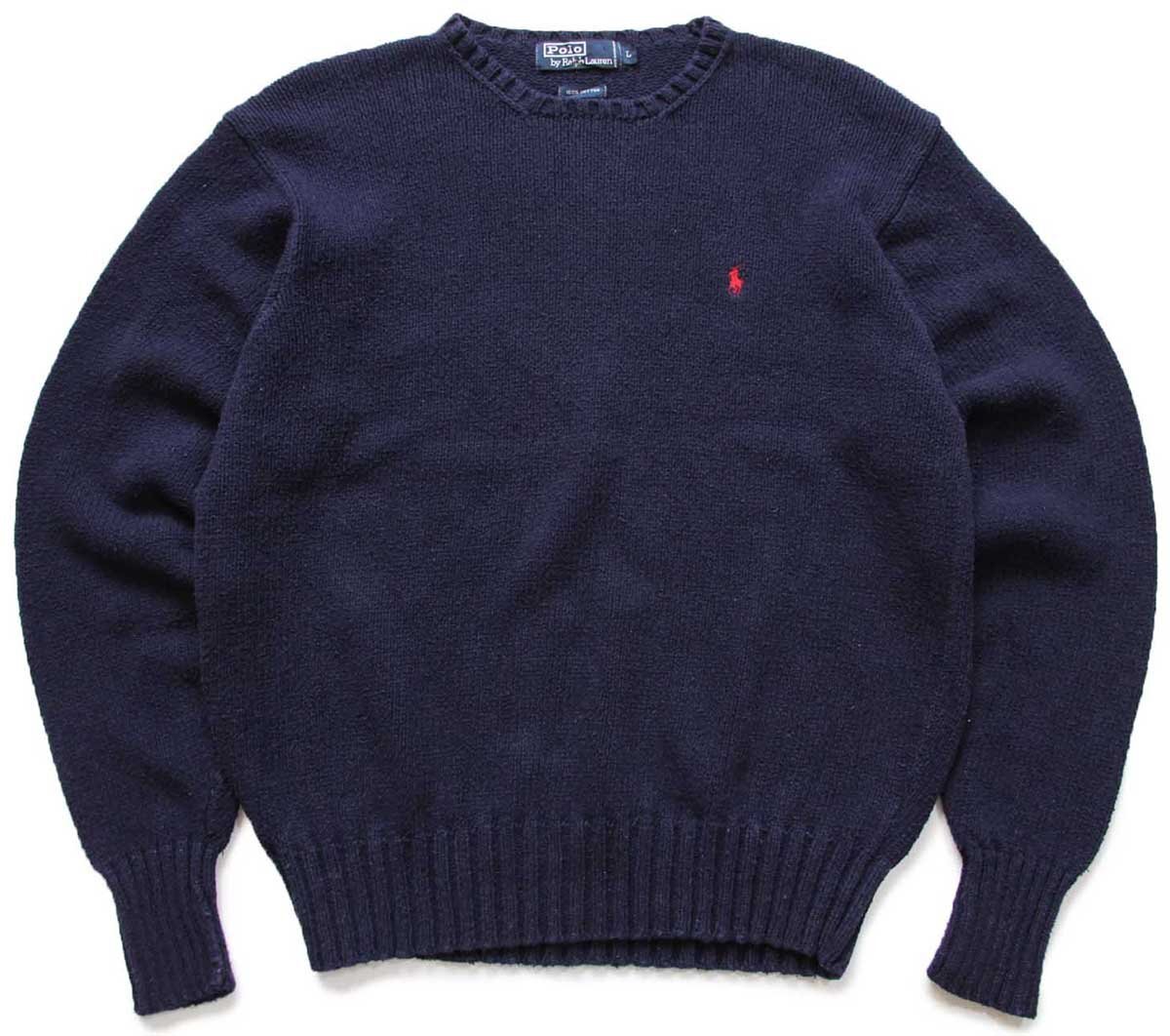 90s ポロ ラルフローレン ワンポイント コットンニット セーター 紺 L
