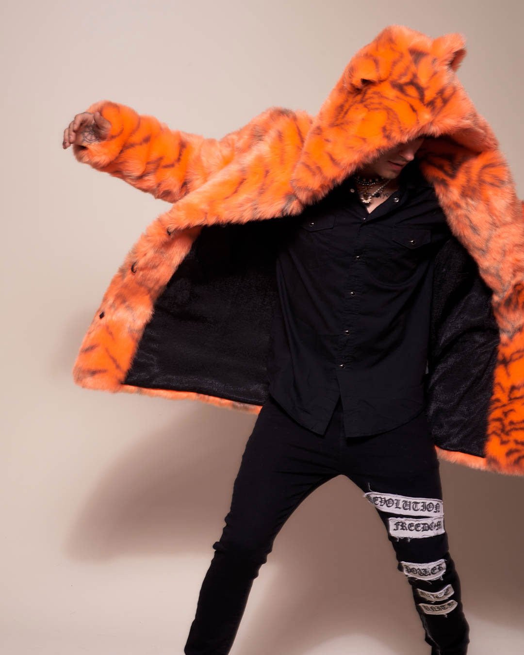 Men's Faux Fur Coat With Hood & Ears | Neon Orange Tiger - SpiritHoods