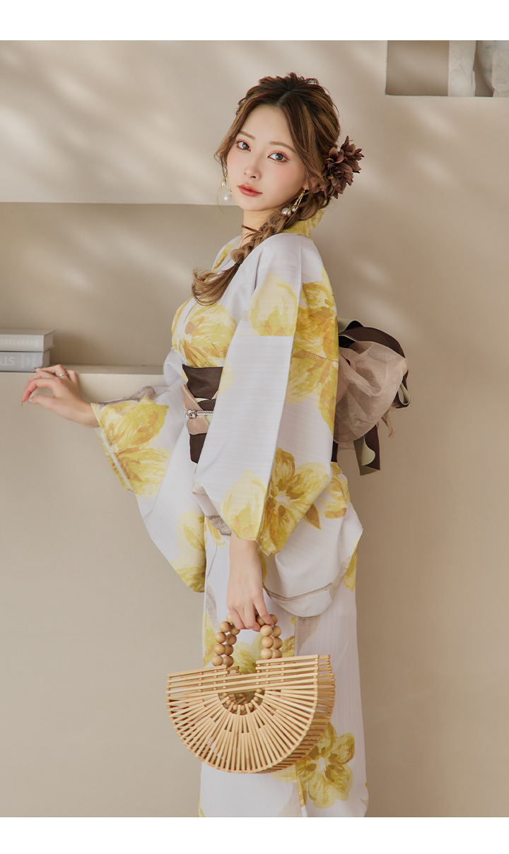 即日発送！】グレージュ×イエローフラワー浴衣 【浴衣3点セット 浴衣