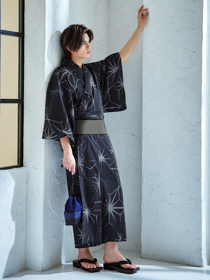 即日発送】ネイビー×蒼影五角紳士浴衣 【浴衣3点セット 浴衣/帯/下駄