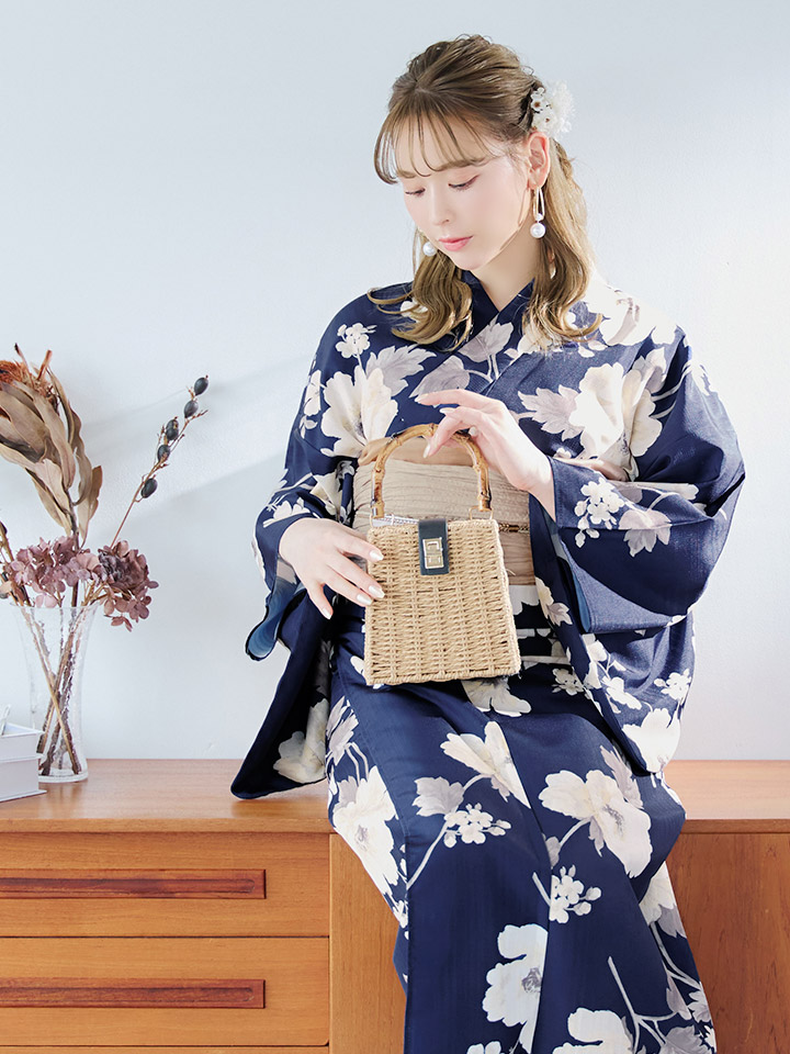 ネイビーとホワイトの絞り浴衣 有松総絞り浴衣 紺地 半幅帯＋兵児帯セット