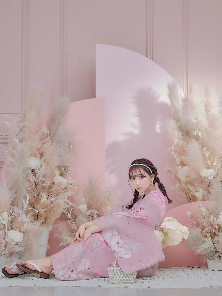 即日発送】【浴衣】大人スウィート/ピンク地に大柄牡丹浴衣 【浴衣3点