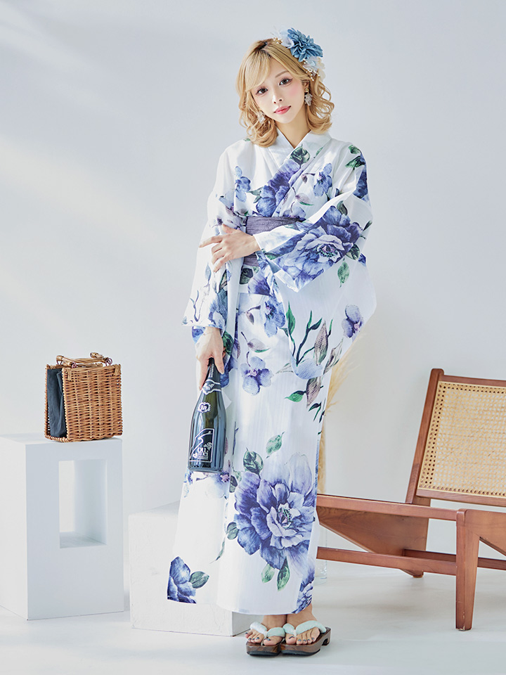 即日発送！】【浴衣】白地に水彩牡丹のクラシック浴衣 【浴衣3点