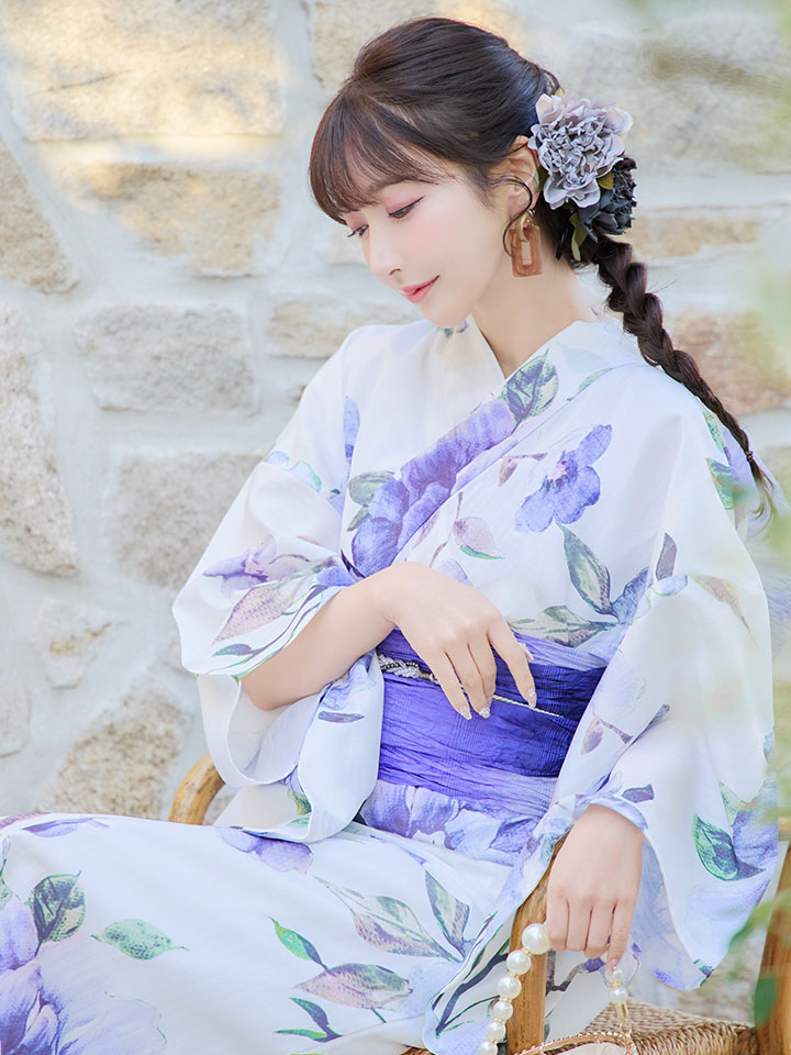 即日発送！】【浴衣】白地に水彩牡丹のクラシック浴衣 【浴衣3点