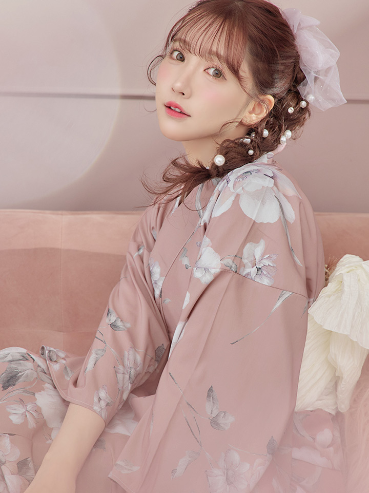 即日発送】大人スウィート/くすみピンク椿浴衣【浴衣3点セット 浴衣