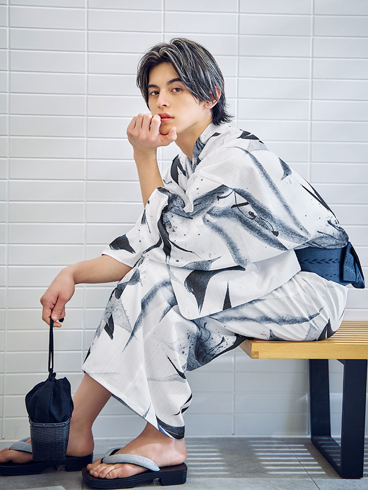 即日発送】水墨デザイン紳士浴衣【浴衣3点セット 浴衣/帯/下駄】[OF04