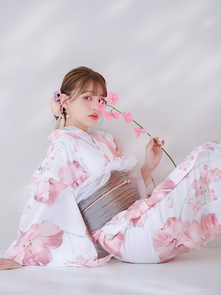 即日発送】ニュアンスピンク水彩朝顔浴衣 【浴衣3点セット 浴衣/帯