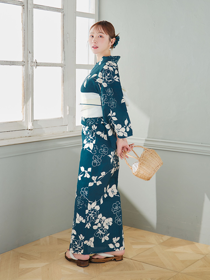 即日発送】藍色椿桜柄浴衣【浴衣3点セット 浴衣/帯/下駄】[OF04