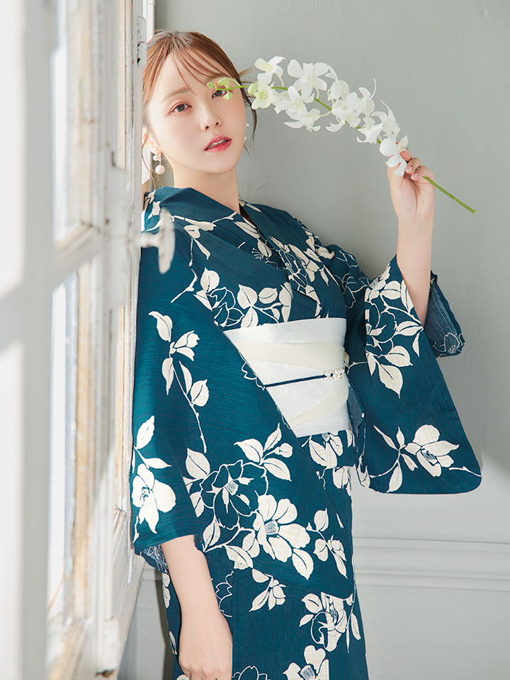 即日発送】藍色椿桜柄浴衣【浴衣3点セット 浴衣/帯/下駄】[OF04