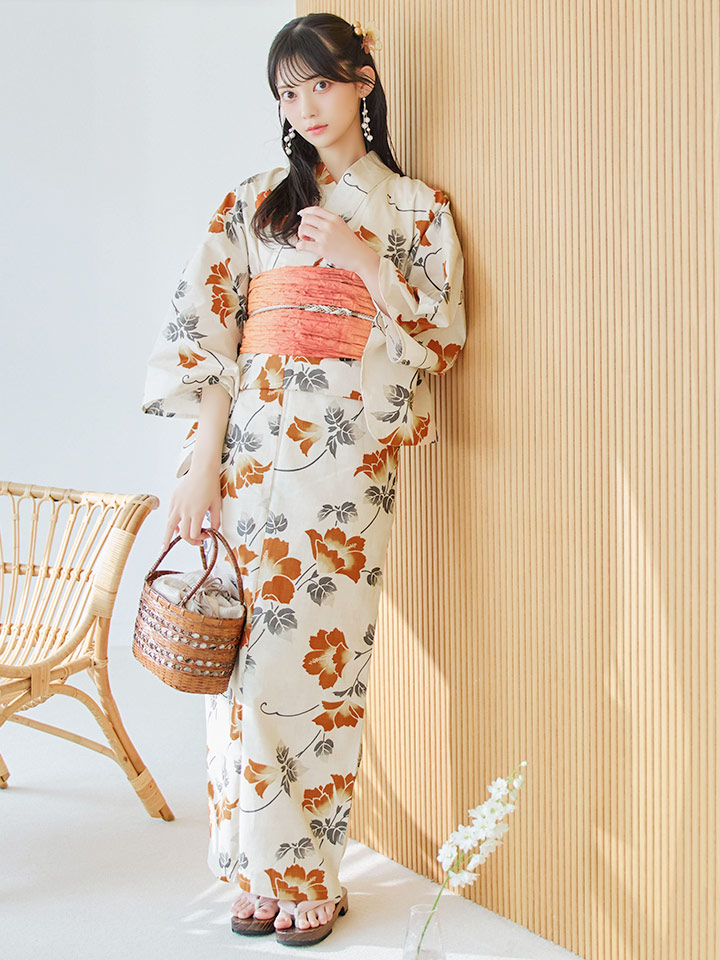 即日発送】橙色に花咲く蔓模様浴衣【浴衣3点セット 浴衣/帯/下駄