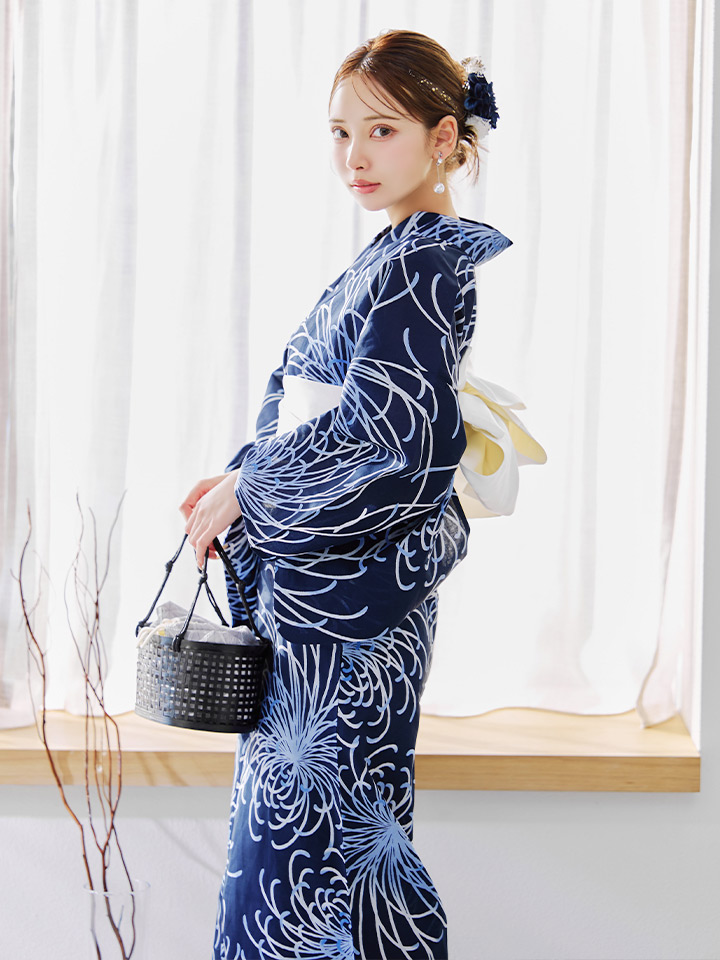 即日発送】紺碧乱菊柄浴衣 【浴衣3点セット 浴衣/帯/下駄】[/YMT