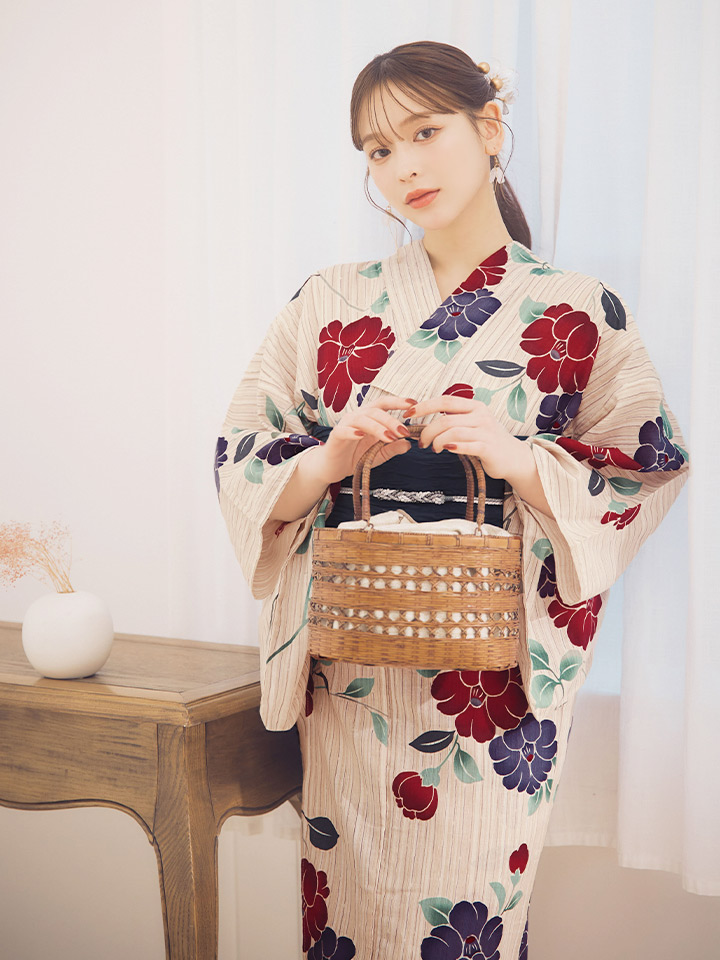 即日発送】ストライプ椿柄浴衣【浴衣3点セット 浴衣/帯/下駄】[OF04