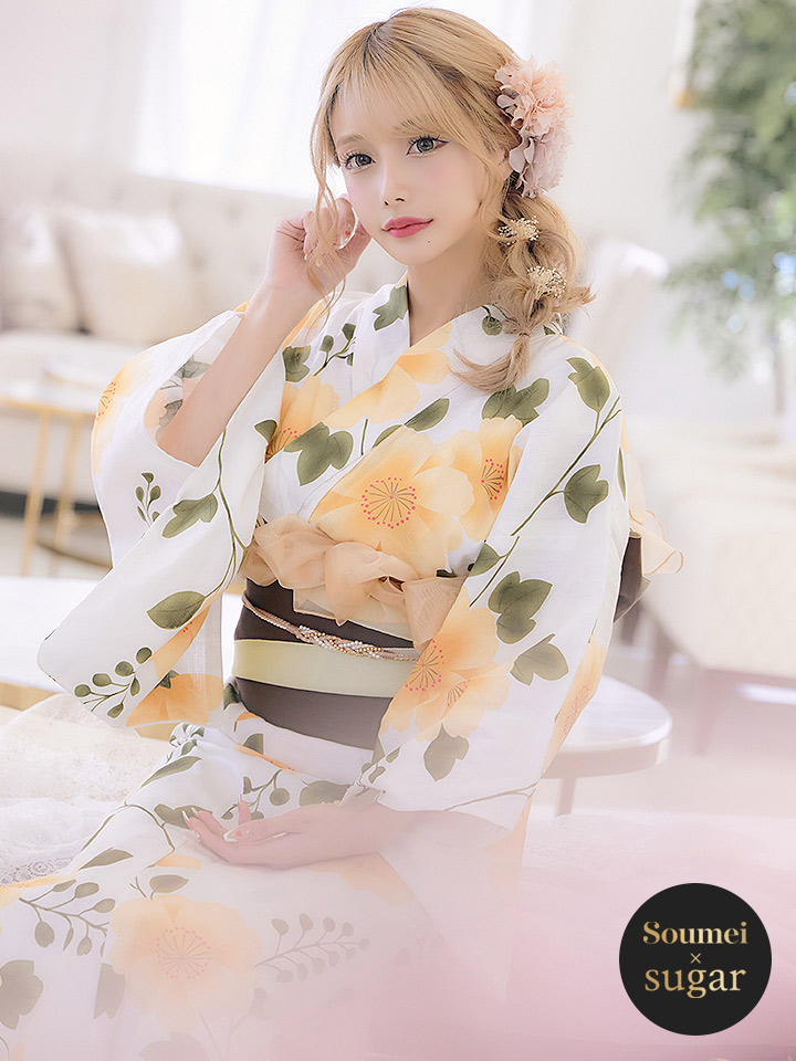 即日発送】【浴衣セール】【浴衣】白地に黄色い花浴衣セット[OF04