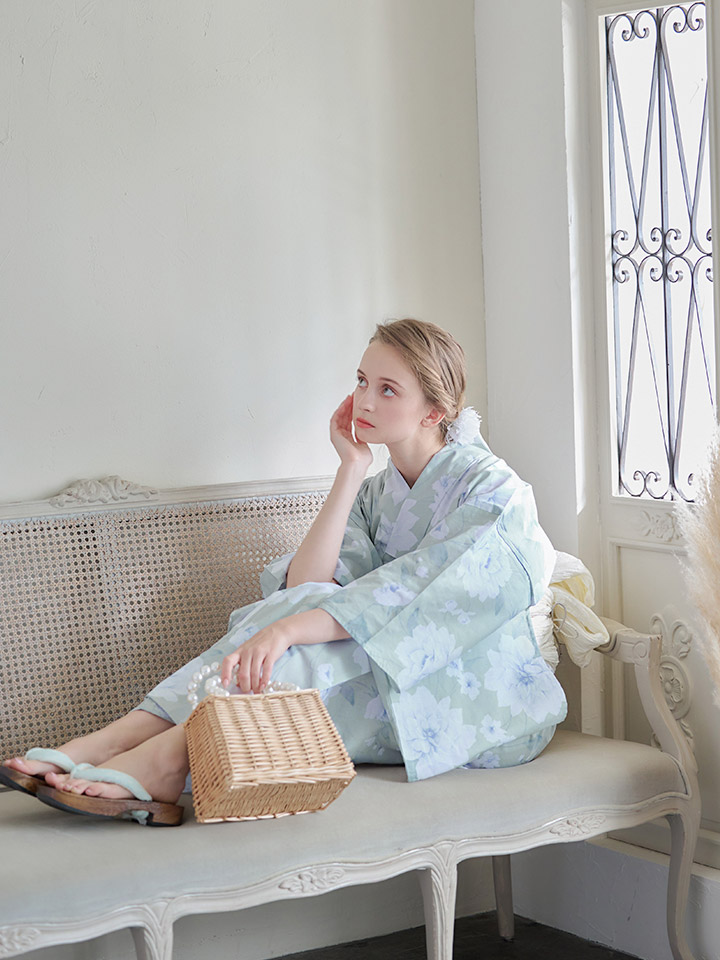 即日発送】【浴衣】ミント地x牡丹浴衣 【浴衣3点セット 浴衣/帯/下駄