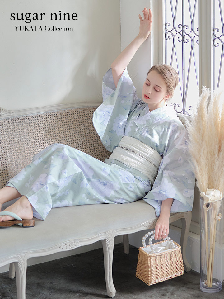 即日発送】【浴衣】ミント地x牡丹浴衣 【浴衣3点セット 浴衣/帯/下駄