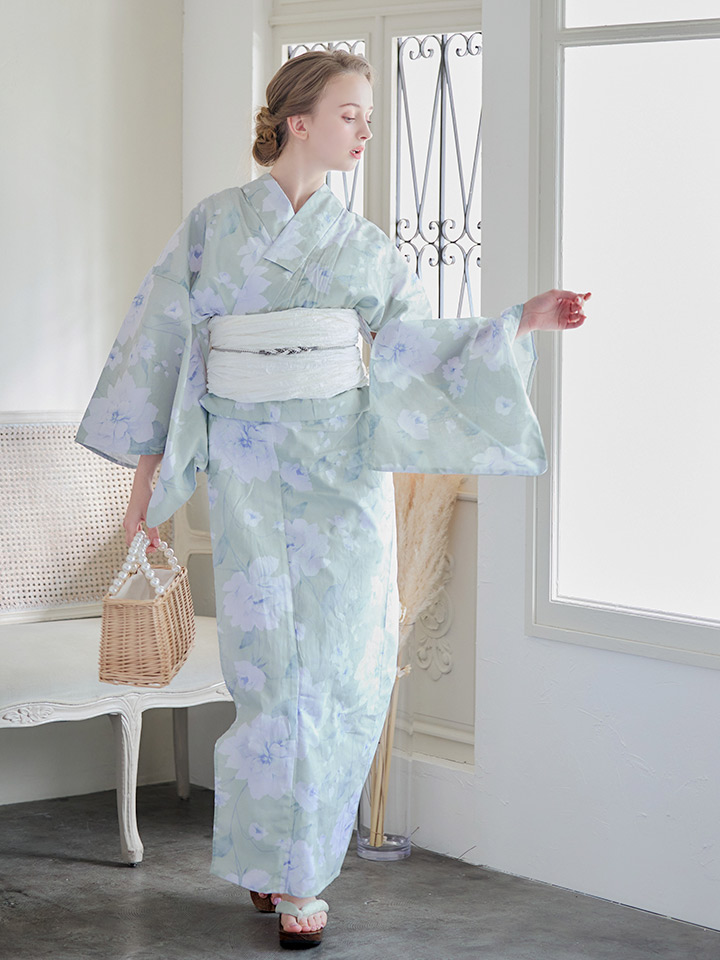 即日発送】【浴衣】ミント地x牡丹浴衣 【浴衣3点セット 浴衣/帯/下駄