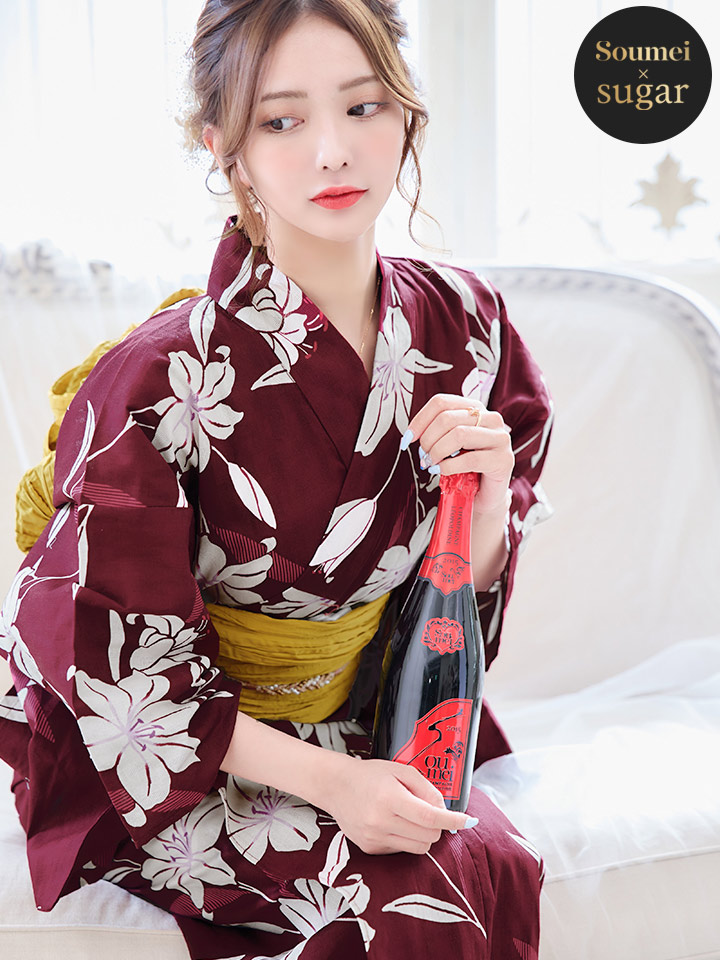 即日発送】【浴衣】エンジ×モダンハイビスカス浴衣【浴衣3点セット